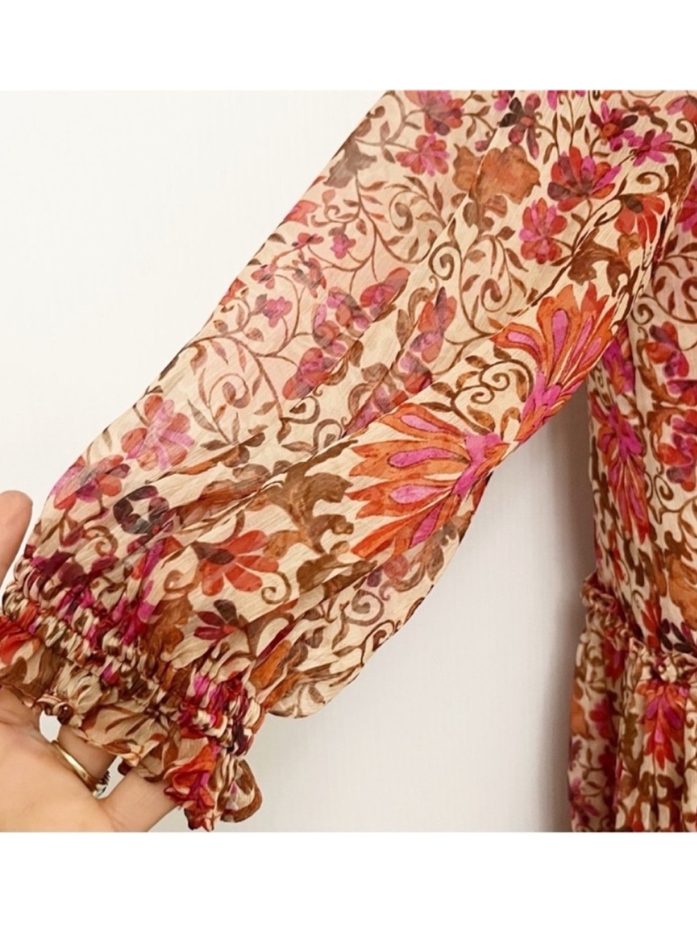 Misa Los Angeles Llanit Chiffon Floral Tie-Neck Tiered Swing Dress Pink Brown XS - Picture 10 of 13